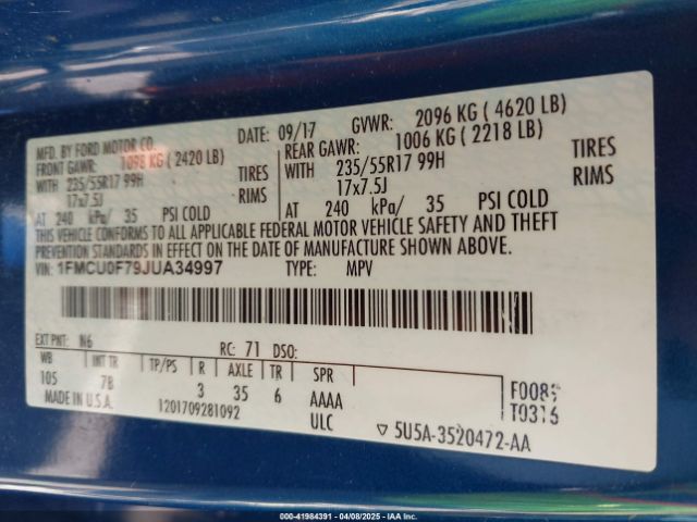 1FMCU0F79JUA34997 Ford ESCAPE S