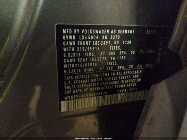 WVGBV7AX4HK029270 Volkswagen Tiguan 2.0t/2.0t S