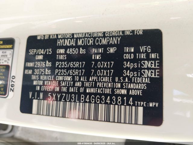 5XYZU3LB4GG343814 Hyundai Santa Fe Sport 2.4l