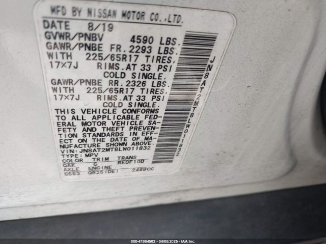 JN8AT2MT8LW011832 Nissan Rogue Sv Fwd
