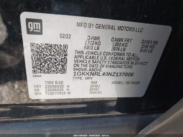 1GKKNRL49NZ137006 GMC Acadia Awd Sle
