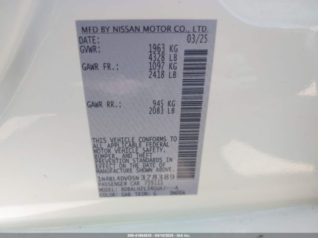 1N4BL4DV0SN378389 Nissan Altima Sv Fwd