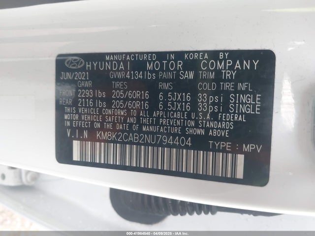KM8K2CAB2NU794404 Hyundai Kona Se