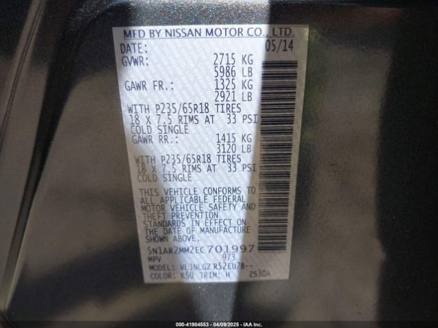 5N1AR2MM2EC701997 Nissan Pathfinder Sl