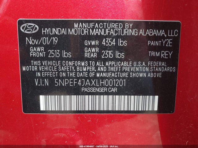 5NPEF4JAXLH001201 Hyundai SONATA SEL