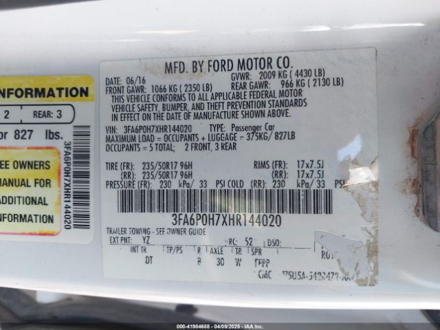 3FA6P0H7XHR144020 Ford FUSION SE