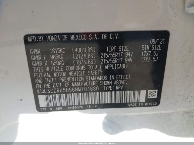 3CZRU5H56NM704680 Honda Hr-v 2wd Ex