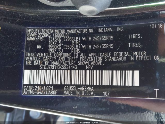2019 TOYOTA HIGHLANDER 5TDJZRFH6KS934143 Photo 8