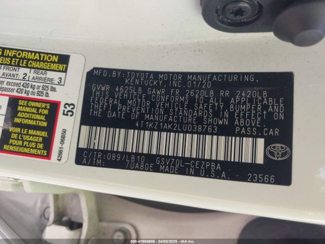 2020 TOYOTA CAMRY 4T1KZ1AK2LU038763 Photo 8