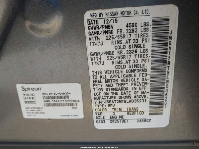 JN8AT2MT8LW036231 Nissan Rogue S Fwd