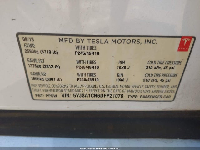 2013 TESLA MODEL S 5YJSA1CN6DFP21076 Photo 8