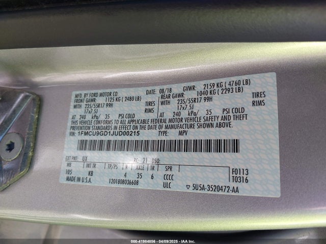 1FMCU9GD1JUD00215 Ford ESCAPE SE