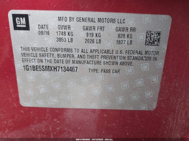 1G1BE5SMXH7134467 Chevrolet Cruze Lt Auto