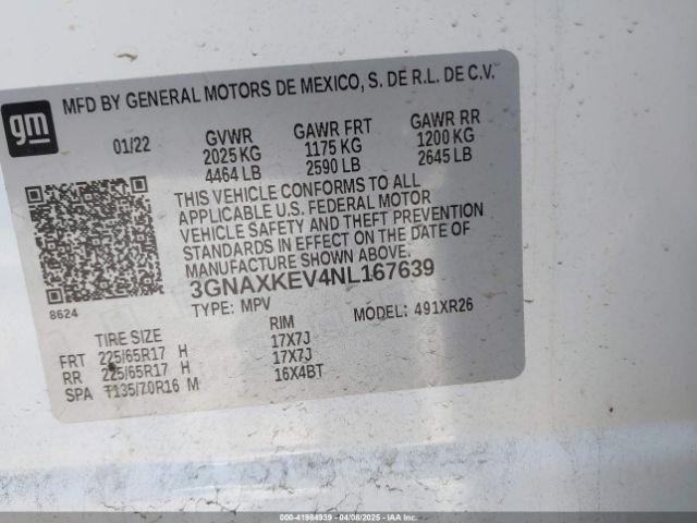 3GNAXKEV4NL167639 Chevrolet Equinox Fwd Lt