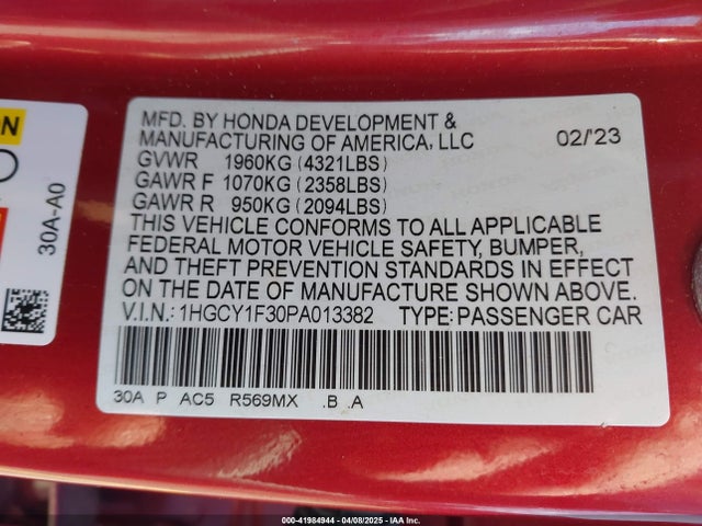 1HGCY1F30PA013382 Honda ACCORD EX