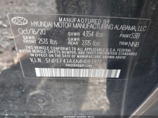 5NPEF4JA6MH083977 Hyundai SONATA SEL