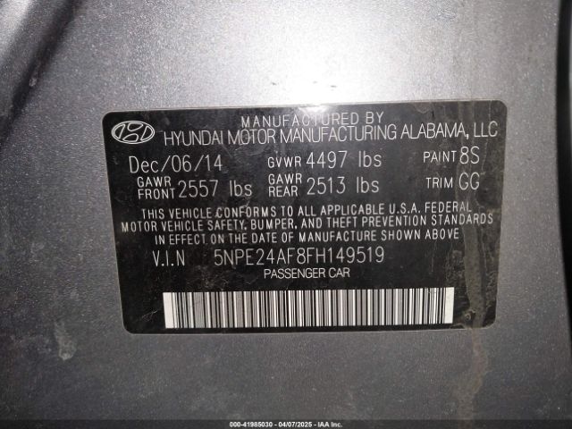 5NPE24AF8FH149519 Hyundai SONATA SE
