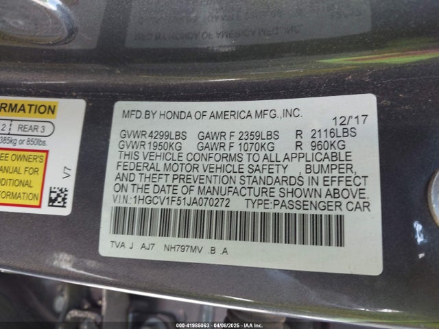 1HGCV1F51JA070272 Honda l15be