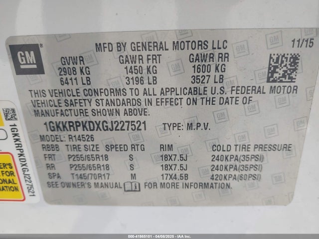 1GKKRPKDXGJ227521 GMC llt - sidi, alum, 60 degrees