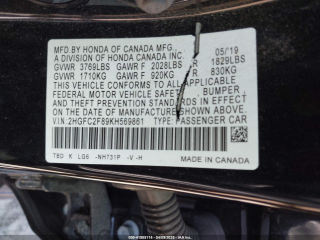 2HGFC2F89KH569861 Honda Civic Sport
