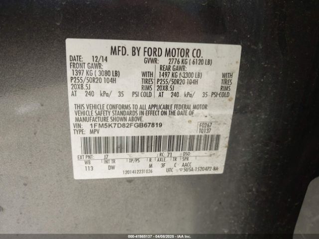 1FM5K7D82FGB67819 Ford EXPLORER XLT
