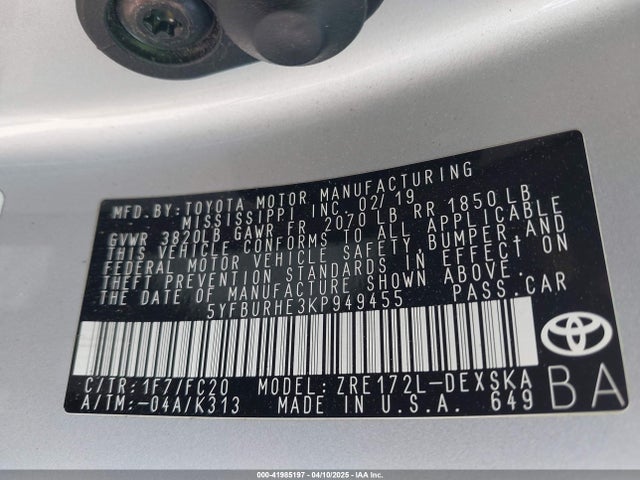 5YFBURHE3KP949455 Toyota COROLLA SE