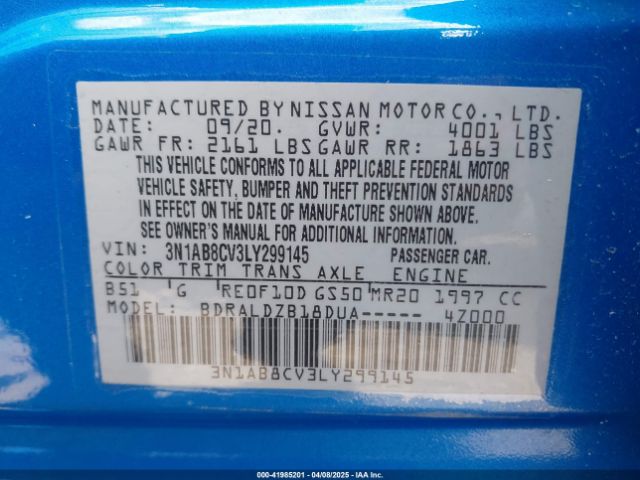 3N1AB8CV3LY299145 Nissan Sentra Sv Xtronic Cvt