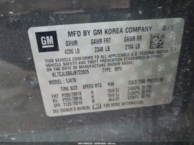 KL7CJLSB0JB722825 Chevrolet Trax Lt