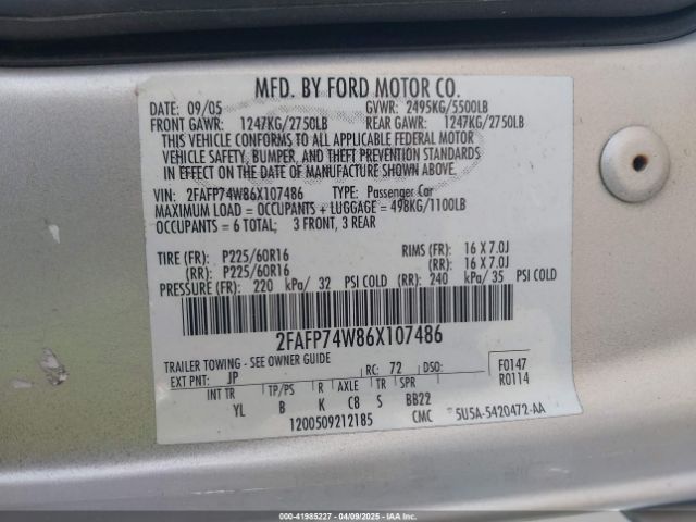 2006 FORD CROWN VICTORIA 2FAFP74W86X107486 Photo 8