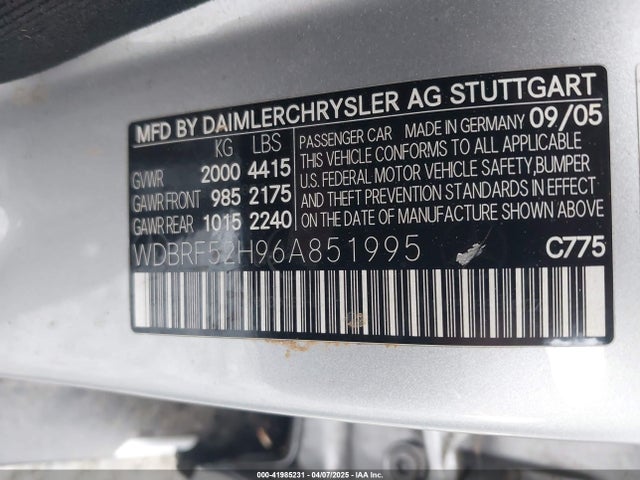 Aukcja sprzedaży 2006 Mercedes-benz C 230 Sport, vin: WDBRF52H96A851995, numer aukcji: 41985231