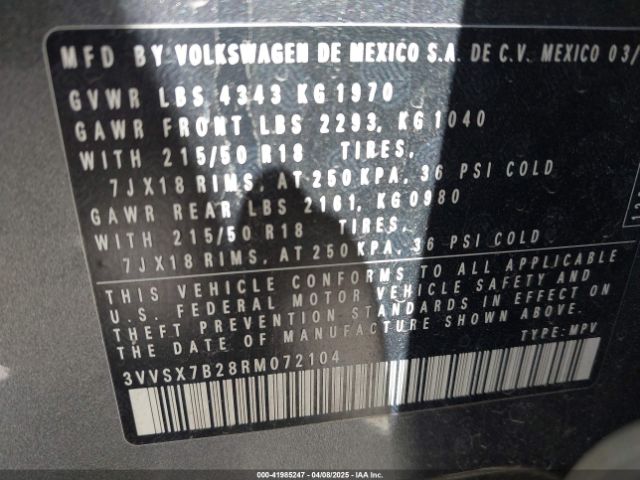 3VVSX7B28RM072104 Volkswagen Taos 1.5t Se