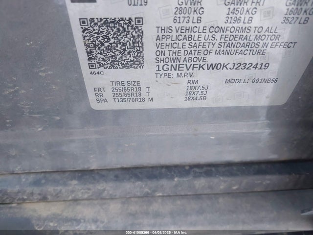 1GNEVFKW0KJ232419 Chevrolet Traverse Ls