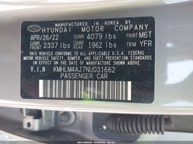 KMHLM4AJ7NU031662 Hyundai Elantra Hybrid Blue