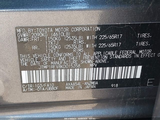 JTMP1RFV8KD015358 Toyota Rav4 Xle