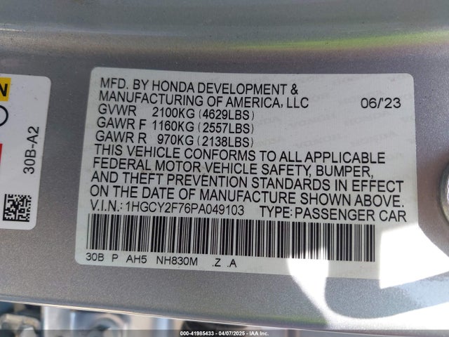 Honda lfc5 2023 1HGCY2F76PA049103 Image 9