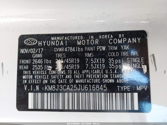 KM8J3CA25JU616845 Hyundai Tucson Limited