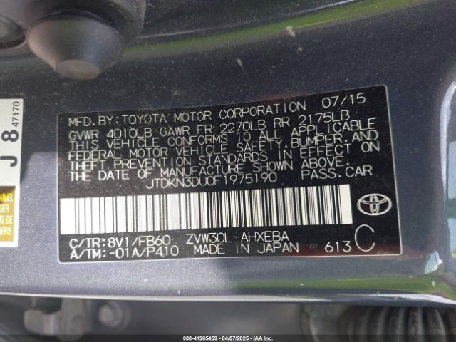 JTDKN3DU0F1975190 Toyota Prius Two