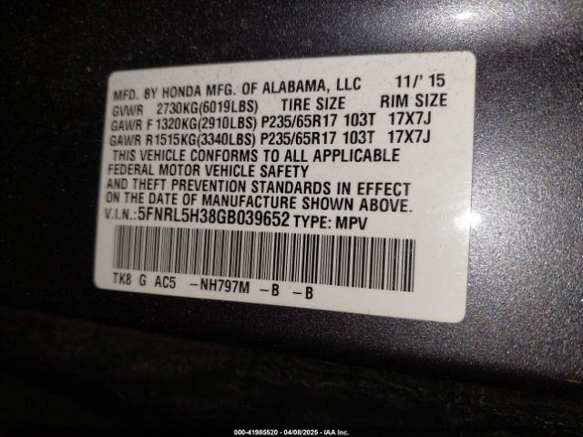 5FNRL5H38GB039652 Honda ODYSSEY SE