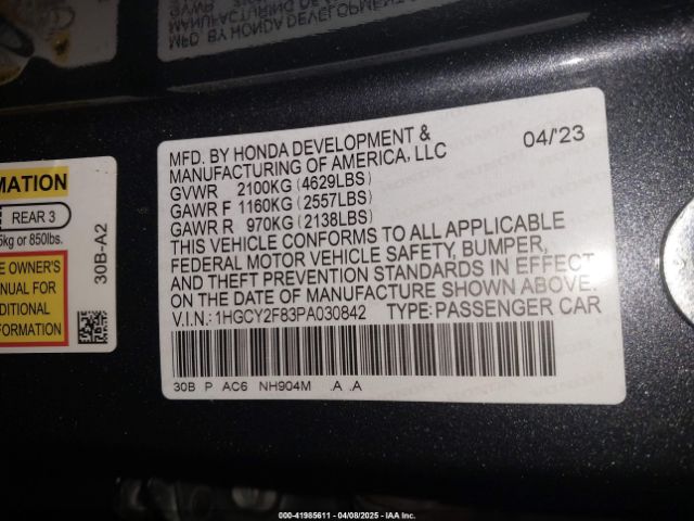 1HGCY2F83PA030842 Honda Accord Hybrid Touring