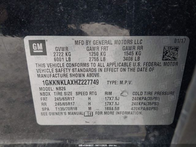 1GKKNKLAXHZ227749 GMC Acadia Sle-1