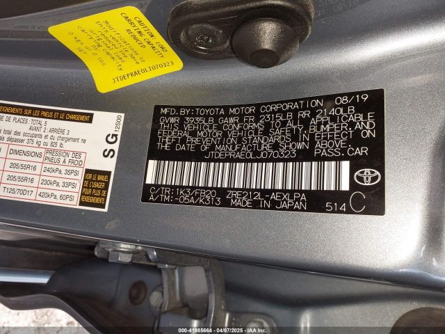JTDEPRAE0LJ070323 Toyota COROLLA LE