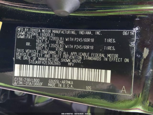 5TDJKRFH2ES062665 Toyota Highlander Xle V6