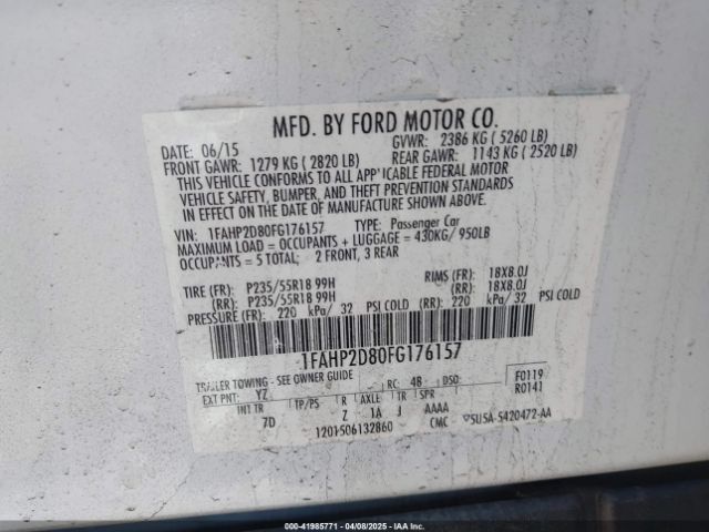 1FAHP2D80FG176157 Ford TAURUS SE