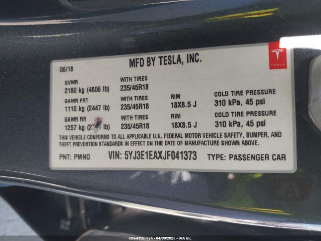 5YJ3E1EAXJF041373 Tesla Model 3 Long Range/mid Range