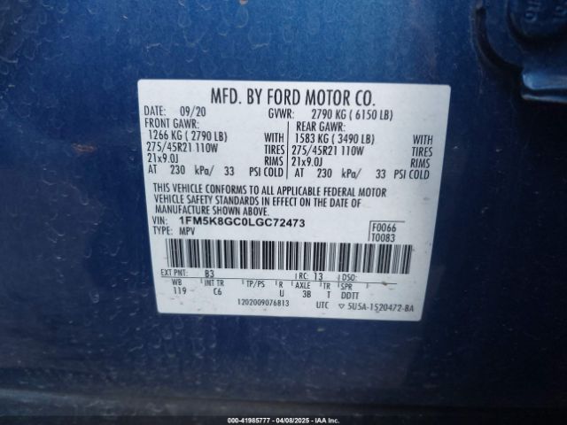 2020 FORD EXPLORER 1FM5K8GC0LGC72473 Photo 8