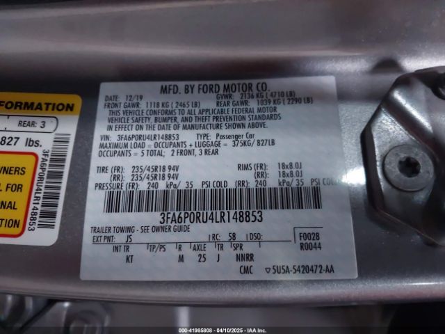 3FA6P0RU4LR148853 Ford Fusion Hybrid Titanium