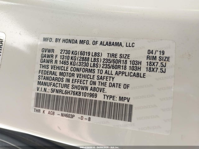 5FNRL6H76KB101969 Honda Odyssey Ex-l