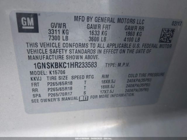 1GNSKBKC1HR233583 Chevrolet Tahoe Lt
