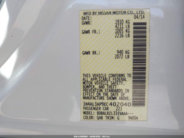 1N4AL3AP9EC402040 Nissan Altima 2.5/2.5 S/2.5 Sl/2.5 Sv