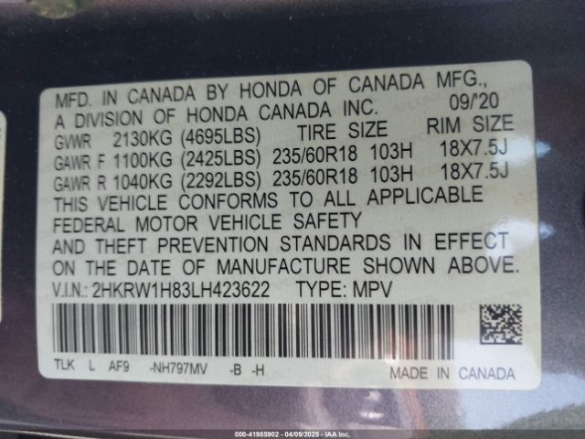 2HKRW1H83LH423622 Honda Cr-v 2wd Ex-l
